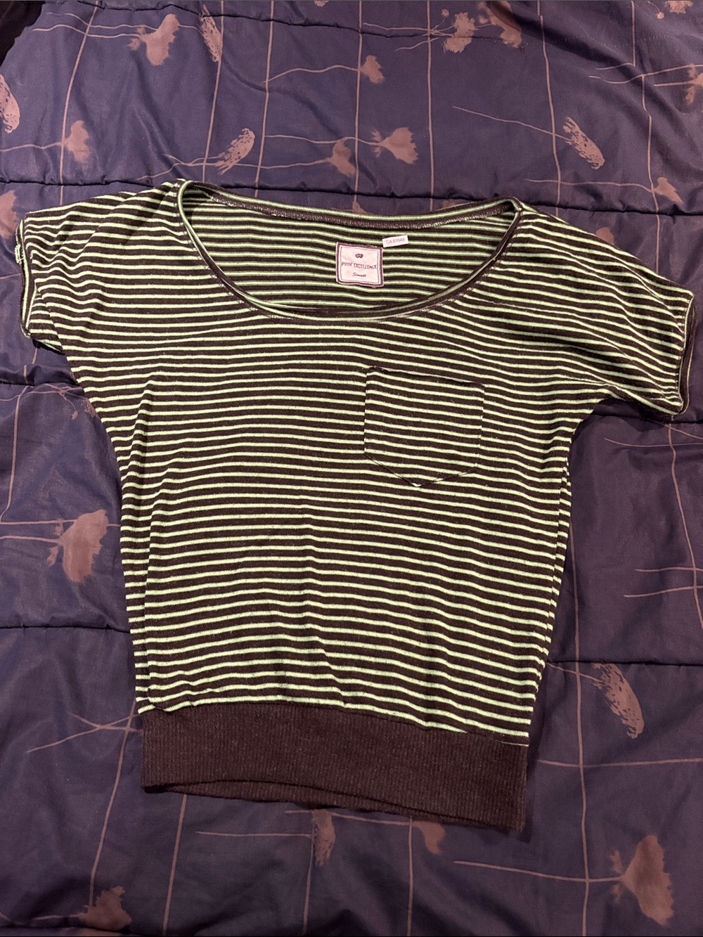 Poof Excellence Black and Green Striped Short Sleeve Knit Top - size S